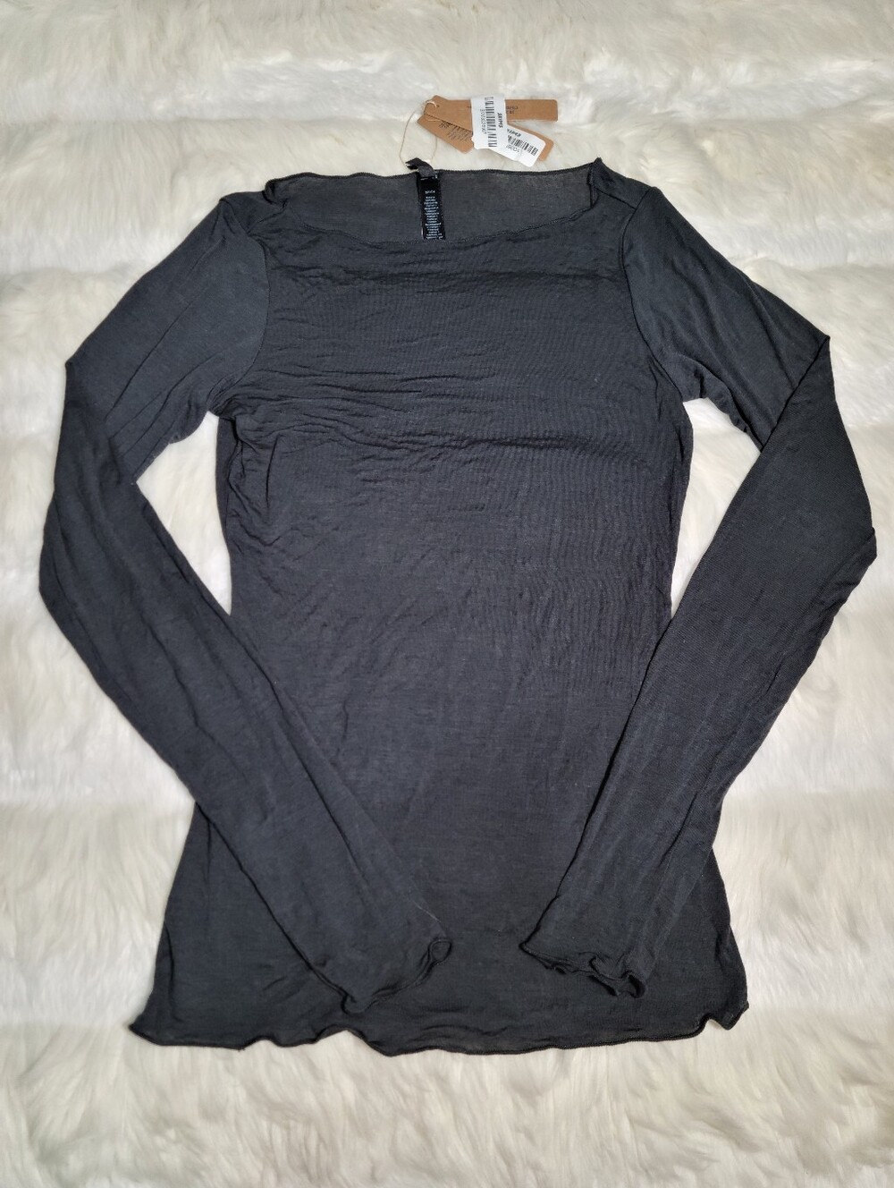 SKIMS Sheer Modal Long Sleeve Boat Neck T Shirt Black Onyx Small NEW - Picture 1 of 5